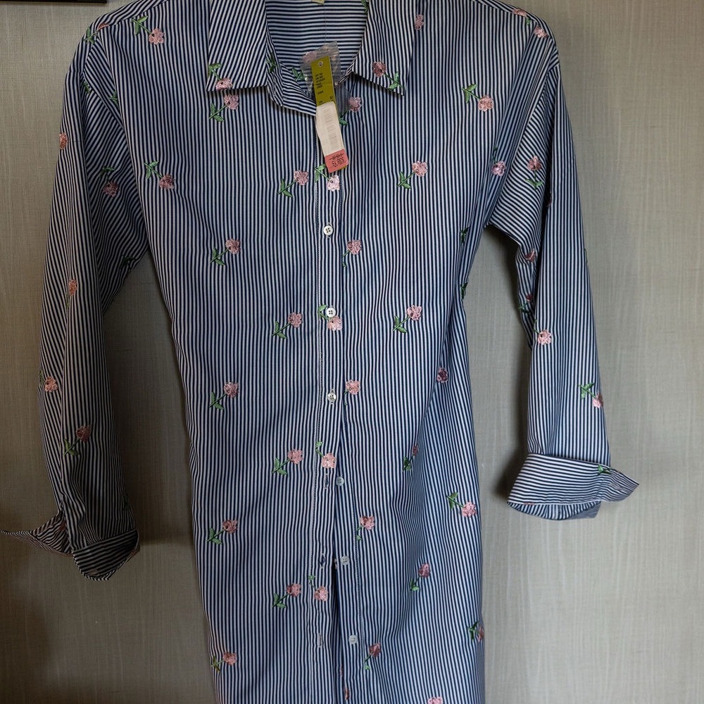Gianni Bini Blue and White Striped Shirt with Pink Floral Design